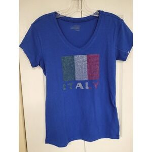 Italy Royal Blue T-Shirt Sz L Studded Green, White, Red Womens Jr Blue Axes